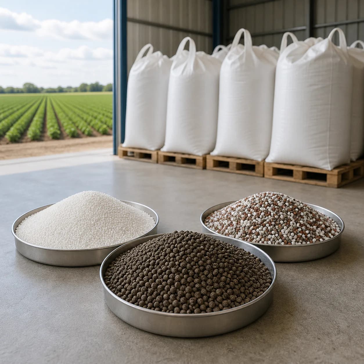 Gránulos de fertilizantes minerales y productos ensacados en un almacén agrícola